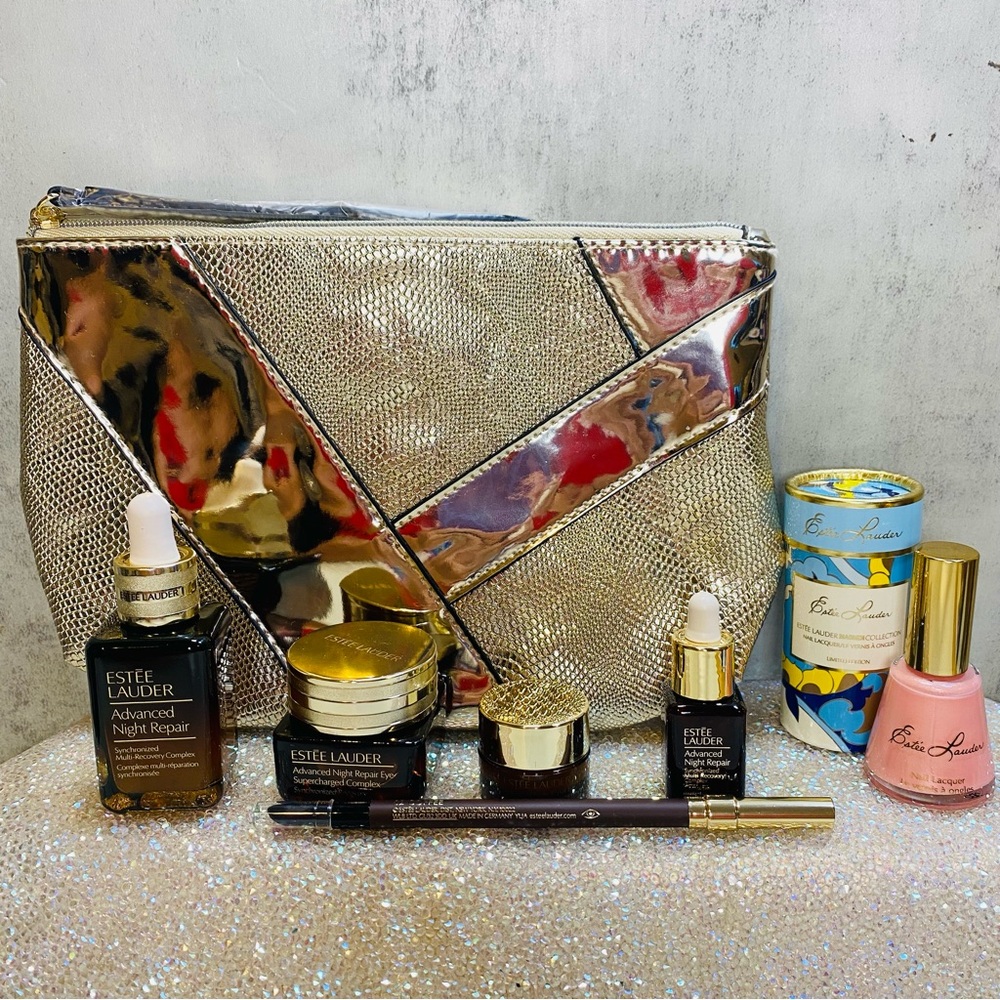 Estee Lauder Bundle Metallic Gold Women's Bag Lot of 7 Products NEW boutique